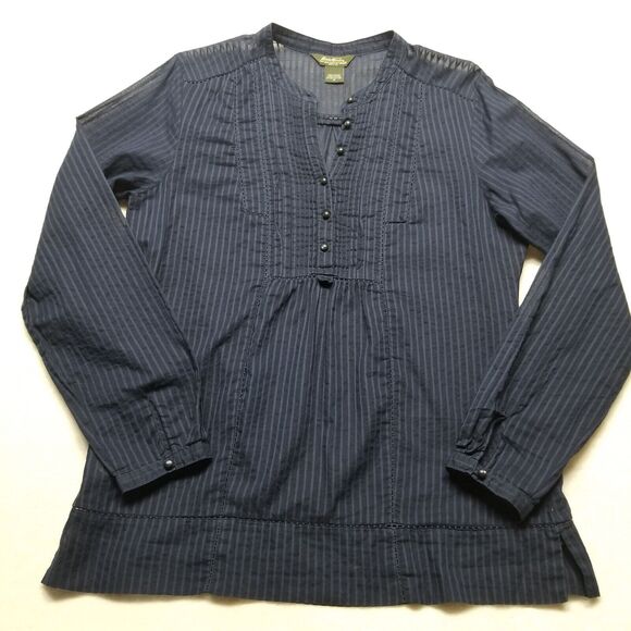 Eddie Bauer Womens M Top Popover Cotton Striped Pin Tuck Sheer Preppy Cottage - Picture 1 of 8
